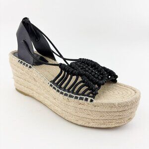 Tory Burch Platform Espadrilles Size 8.5 Black Leather Ankle Tie